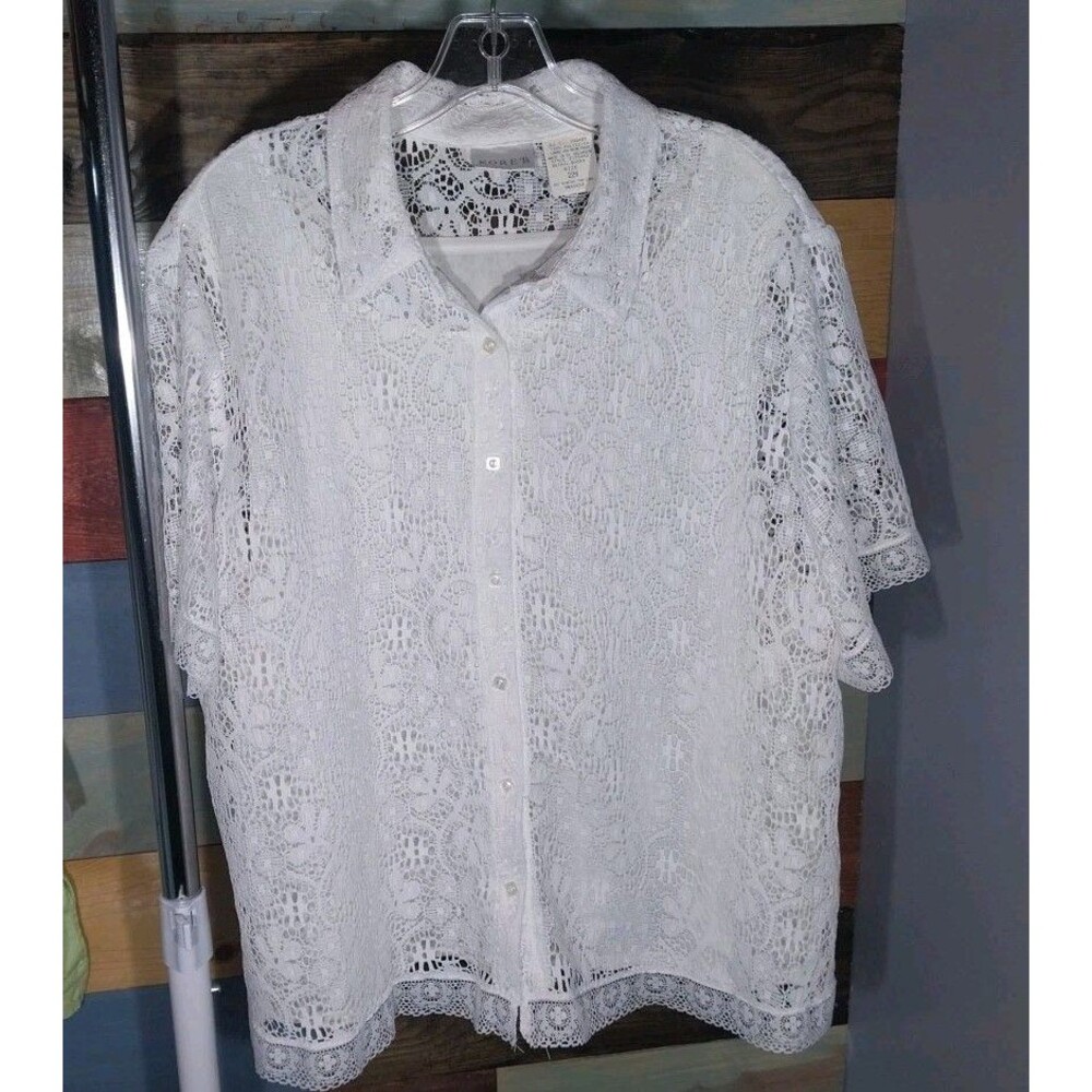 Vtg Koret White Floral Lace Blouse Women’s 22W Button Front Lined Cottagecore